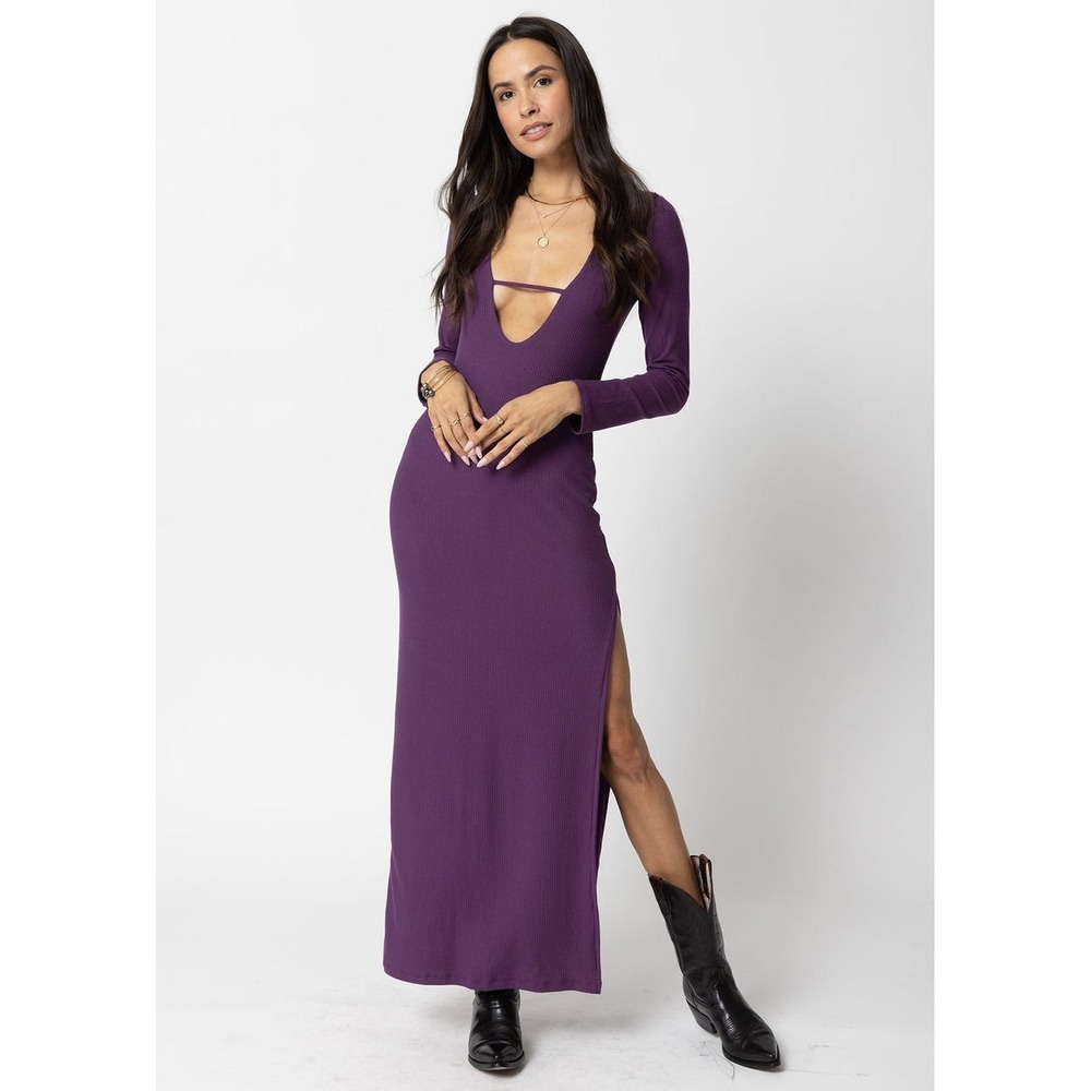 NWT Stillwater Promise Deep Purple Ribbed Maxi Dress Deep Vneck (MSRP: $188) S